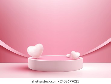 Valentine's Day display with this photorealistic 3D podium mockup pink and white color scheme with a decorative heart backdrop. Vector illustration