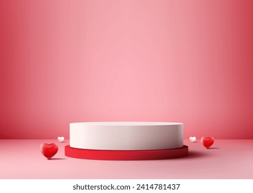 Valentine's Day display with this photorealistic 3D podium mockup red and white color scheme with a decorative hearts elements. Vector illustration