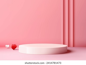 Valentine's Day display with this photorealistic 3D podium mockup white color scheme with a decorative red hearts elements. Vector illustration