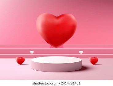 Valentine's Day display with this realistic 3D podium mockup red and pink color scheme with a decorative hearts elements. Vector illustration
