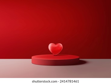 Valentine's Day display with this realistic 3D red podium mockup pink and red color scheme with a decorative red hearts backdrop. Vector illustration