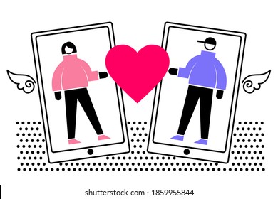 Valentines day in the distance, concept. Man and woman communicate using a smartphone. Postcard. Image of phones with cupid wings and heart, flat, isolated on white background. Vector.