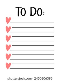 Valentines day to do list template. Organizer and Schedule with place for Notes. Good for Kids. Vector illustration design for planner.