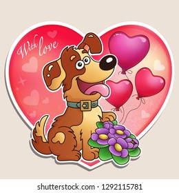 Valentine's day. Dog with flowers and balloons. Greeting card. For kids.