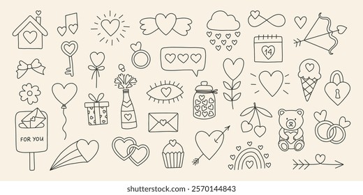 Valentines day doodle big set with hearts. Love romantic hand drawn sketch. Vector icon	