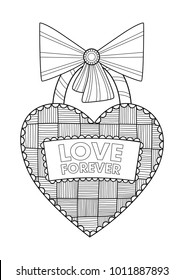 Valentine`s Day doodle coloring book page heart lock with bow. For adult and  children