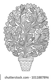 Valentine`s Day doodle coloring book page tree in pot with heart leaves. For adult and children