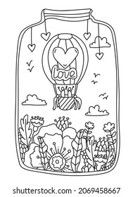 Valentines Day Doodle coloring book page. Glass jar with a Couple in Love flying in a hot air balloon over flowers. Vector Lines art design anti-stress for adults and kids. Hand drawn Love Cards