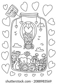 Valentines Day Doodle coloring book page. Glass jar with a Couple in Love flying in a hot air balloon over fantastic flowers and hearts. Vector Lines art design anti-stress for adults and children