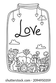 Valentines Day Doodle coloring book page. Glass jar with flowers, hearts and the letteing Love. Vector Lines art design anti-stress for adults and kids. Hand drawn Love Cards.