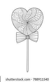 Valentine`s Day doodle coloring book page heart lollipop on stick with bow. For adult and children