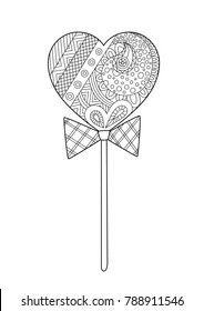 Valentine`s Day doodle coloring book page heart lollipop on stick with bow. For adult and children