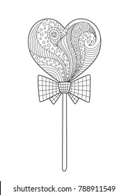 Valentine`s Day doodle coloring book page heart lollipop on stick with bow. For adult and children