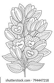 Valentines Day doodle coloring book page  bouguet of flowers and hearts with text "You make me happy"