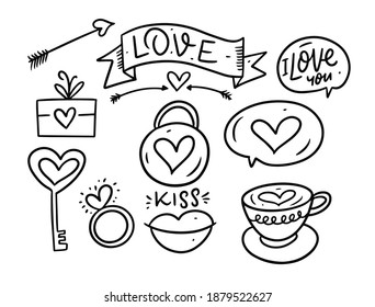 Valentines day doodle elements collection. Line art black color vector illustration. Isolated on white background.