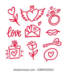 Valentines day doodle elements. Red color sign vector clip art. Isolated on white background.