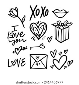Valentine's day doodle elements set. Hand drawn black color vector art icons. Isolated on white background.