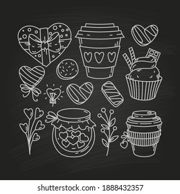 Valentine's day doodle elements, sketch holiday collection on blackboard