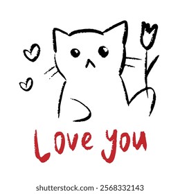 Valentines Day doodle greeting card with cat. Love you hand drawn art. Romantic childish drawing