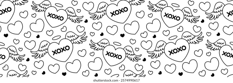 Valentine's Day doodle hearts pattern. Heart with angel wings. Cute flying arrow symbol Cupid. Outline romantic Background. Hugs and kisses abbreviated text. Vector line art illustration.