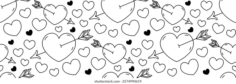 Valentine's Day doodle hearts pattern. An arrow in heart. Cute flying arrow symbol Cupid. Outline passionate love Background. Romantic concept. For textile, packaging. Vector line art illustration.