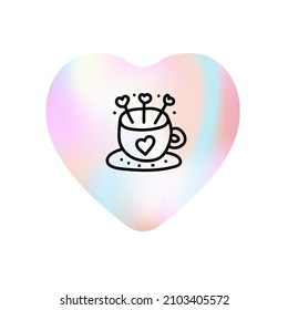 Valentines day Doodle icon cup of coffee with hearts in shape gradient heart. For cafe and love-day. Hand drawn Illustration for web, banner, greeting card, print, flyer, poster, holiday invitations.