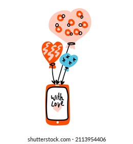Valentines Day doodle icon mobile phone with air balloons and heart shape. Lettering With Love. Internet Love decoration. Hand drawn, line art, flat and lettering vector for web, card, sticker.