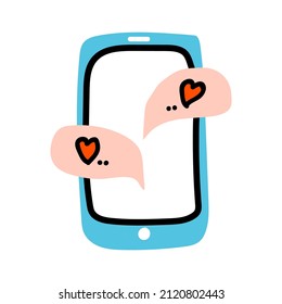Valentines Day doodle icon mobile phone with speech bubbles and heart. Internet talk, chat, Love decoration. Hand drawn, line art, flat and lettering vector for web, card, sticker.
