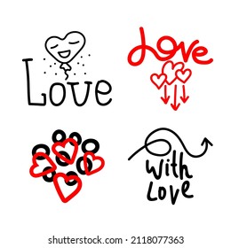 Icono del Doodle de San Valentín conjunto Lettering Love, with love, Harts, flechas, formas y globo de aire. Amor pegatina por el día del amor. Ilustración dibujada a mano para web, banner, tarjeta, impresión, afiche, vacaciones, camisa