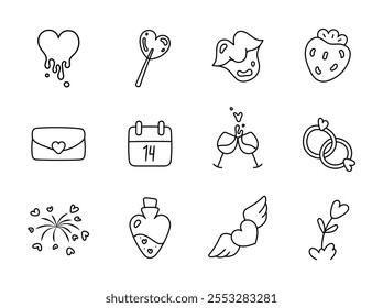 Valentine's Day Doodle Icon Set. Hand drawn symbols of Love, romance. Cute Hearts. Icons for stickers, holiday design elements, web design, cards, invitations, banners, posters, apps, social media.