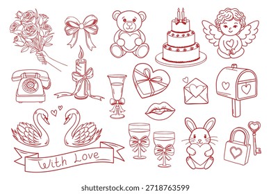 Día de San Valentín doodle conjunto de iconos. Colección romántica de amor dibujado a mano y Elementos de San Valentín. Ilustración.