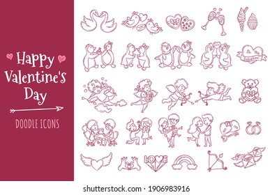 Valentine's Day doodle icons set. Collection of Valentine's Day elements in hand drawn style.