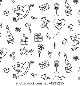 Valentine's Day Doodle pattern in black and white theme: hearts, bottle and glasses of wine, heart-shaped balloon, gift, envelope, letter, flowers