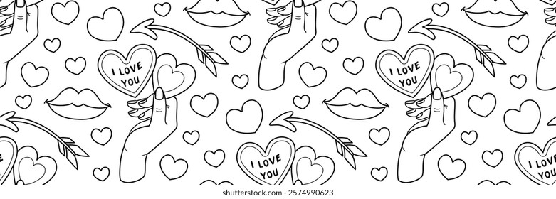 Valentine's Day doodle pattern. Hand holds valentine heart with love message. Cupid's arrow.