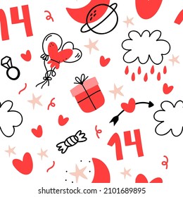 Valentines day doodle pattern with hearts, gift, car, hearts, moon, dots.
