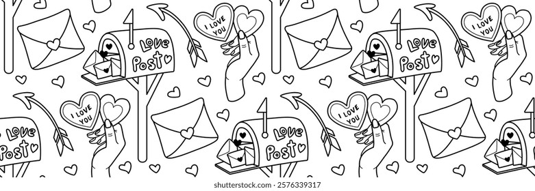 Valentine's day doodle pattern. Red mailbox with love letters and hearts. Romantic line Background. Hand holds valentine heart with love message. February 14 celebration. Vector outline illustration.