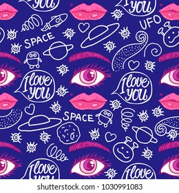 Valentine's Day. Doodle seamless pattern. Vector illustration. Girl lips, planets, UFO, rocket, stars isolated on a blue background. Handwritten inscription I love you. Aliens children's pattern