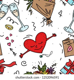 Valentine's Day  in doodle seamless pattern. Includes champagne glasses, a gold ring, a heart with hands, a bouquet of flowers, a postcard.