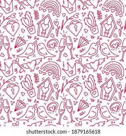 El doodle del día de San Valentín es un patrón sin fisuras con corazón, pájaro, candado, cactus, corona, anillo, hogar de aves, arcoiris, piedra de gema, gafas, rama. Antecedentes románticos para tarjeta de vacaciones, papel de envoltura de regalo, papel tapiz