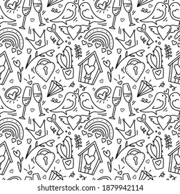 Valentine's day doodle seamless pattern with heart, bird, lock, cactus, crown, ring, birdhouse, rainbow, gemstone, glasses, branch. Romantic background for holiday card, gift wrapping paper, wallpaper