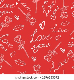 Valentine's Day doodle seamless pattern. Romantic hand-drawn red background. Ideal for wrapping paper, textiles, wallpaper, invitation cards, wedding design. Vector illustration.