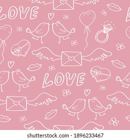 Valentine's Day doodle seamless pattern. Romantic hand-drawn pink background. Ideal for wrapping paper, textiles, wallpaper, invitation cards, wedding design. Vector illustration.
