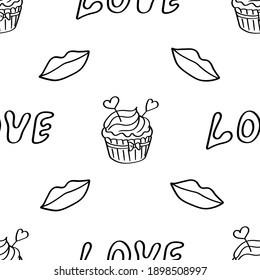 El doodle de San Valentín es un patrón impecable. Fondo romántico de fondo con letras de amor, pastelitos y labios. Borde negro. Ideal para envolver papel, textiles, papel pintado, diseño de bodas. Vector.