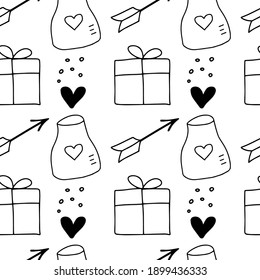 Valentines day doodle seamless pattern. Arrows, gift boxes, hearts. Black and white lineart