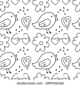 Valentines day doodle seamless pattern. Cute bird, flowers, hearts. Black and white line art clipart