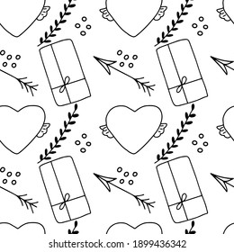 Valentines day doodle seamless pattern. Gift boxes, floral elements, hearts with wings. Black and white