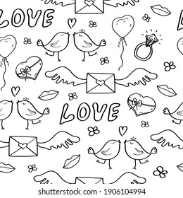 Valentine's Day doodle seamless pattern. Black outline on a white. Romantic hand-drawn background. Ideal for wrapping paper, textiles, wallpaper, invitation cards, wedding design. Vector.