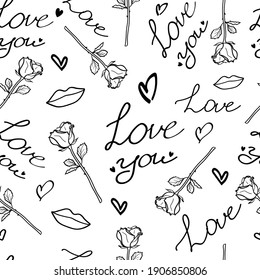 Valentine's Day doodle seamless pattern. Romantic hand-drawn background. Ideal for wrapping paper, textiles, wallpaper, invitation cards, wedding design. Vector illustration.