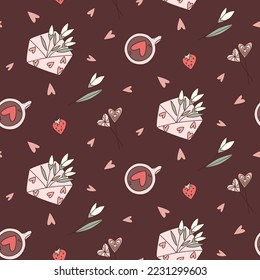 Valentine's day doodle seamless pattern. Vector hand drawn elements on chocolate background. Wrapping paper, gift tags, greeting cards. Сappuccino, hearts, flowers, envelope, strawberry.