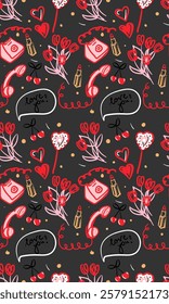 Valentines Day doodle seamless pattern with a bouquet of flowers, a lipstick, a phone, lollipop. Vector illustration.